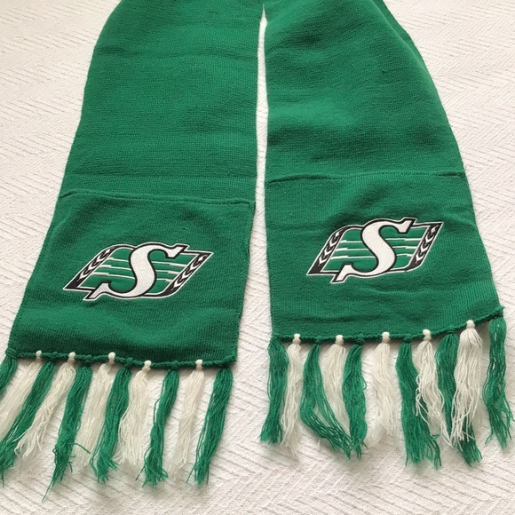 Vintage Saskatchewan Roughriders scarf fringed 50" long with pocket ends green - Picture 4 of 10